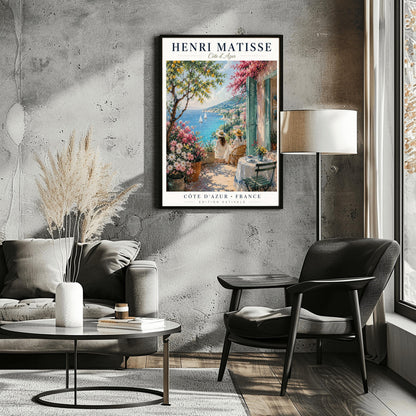 A vertical retro French exhibition poster for Henri Matisse Côte d'Azur on a wide ivory border, as seen in Screenshot 2026-06-06 at 23.18.59.png. The main image shows a beautiful summer illustration of a stone terrace overlooking the blue Mediterranean Sea where two white sailboats float. On the terrace, two women wearing white dresses and straw hats sit facing the water. To the left stands a green lemon tree with yellow fruit and large pots of pink and white flowers.