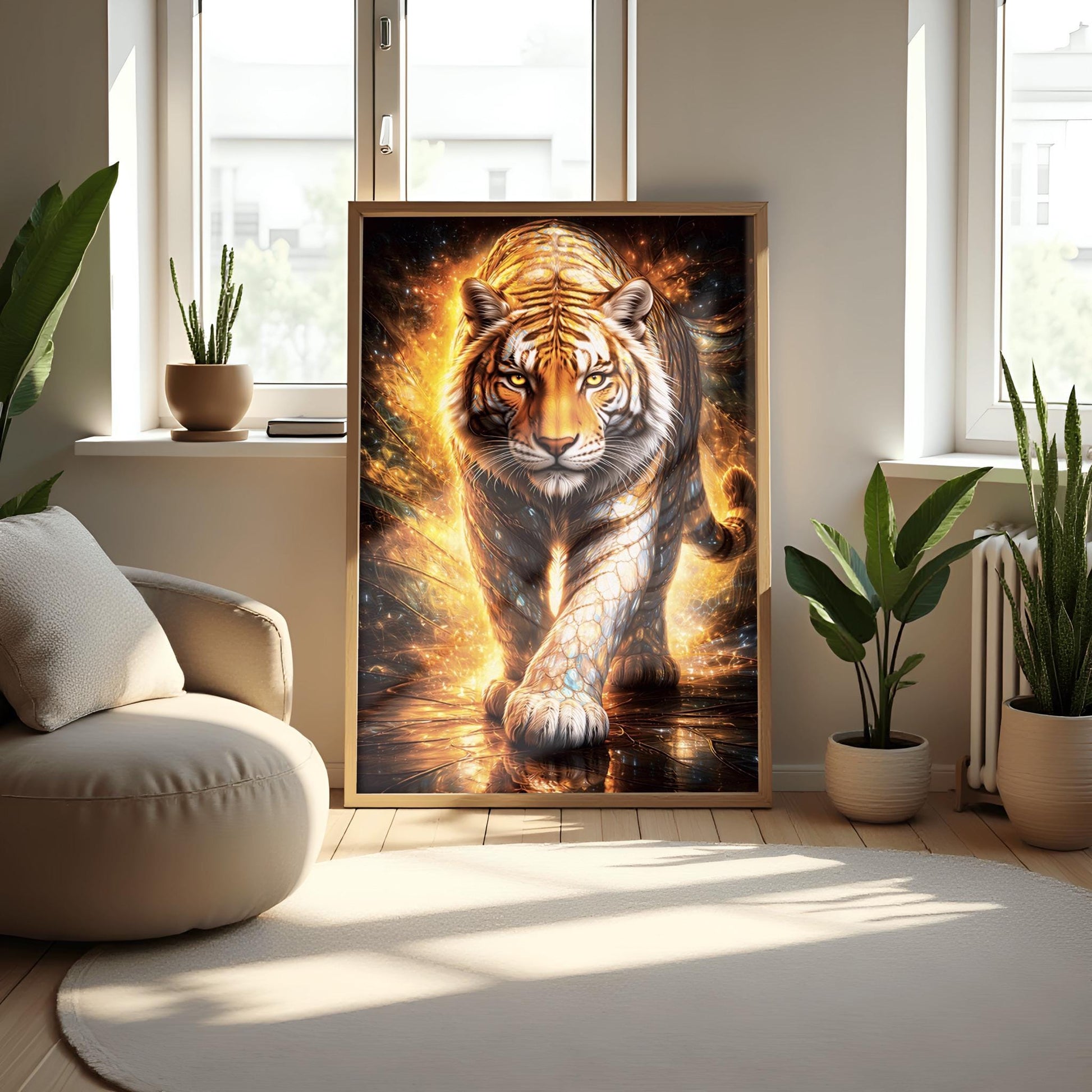 A vertical full-bleed illustration of a tiger in the style of Gustav Klimt. The tiger is prowling forward toward the viewer, its body covered in golden mosaic patterns and glowing orange light. The background is a swirl of amber sparks and gold-leaf textures.