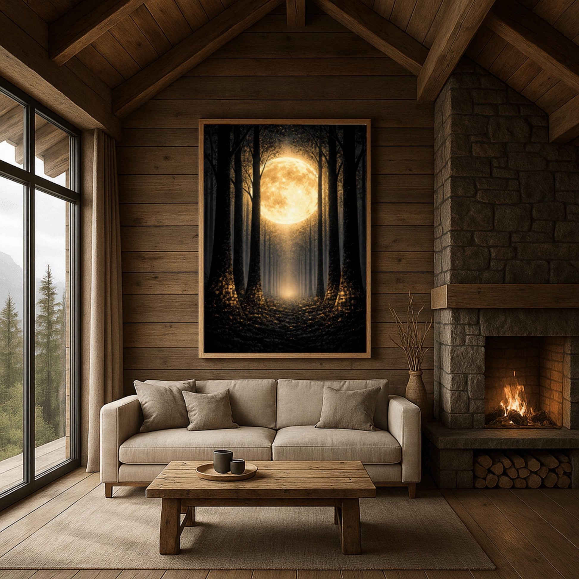 A vertical art print in the style of Gustav Klimt showing a dark forest at night. Tall, dark, silhouetted tree trunks frame a central path that leads toward a bright light in the distance. A massive, glowing golden moon with intricate textures dominates the upper center of the image. The base of the trees and the forest floor are sprinkled with shimmering gold mosaic patterns and light specks, contrasting sharply against the dark background.