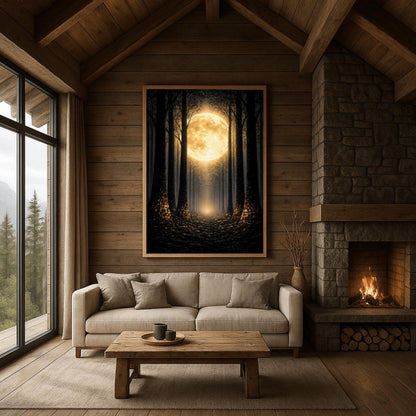 A vertical art print in the style of Gustav Klimt showing a dark forest at night. Tall, dark, silhouetted tree trunks frame a central path that leads toward a bright light in the distance. A massive, glowing golden moon with intricate textures dominates the upper center of the image. The base of the trees and the forest floor are sprinkled with shimmering gold mosaic patterns and light specks, contrasting sharply against the dark background.