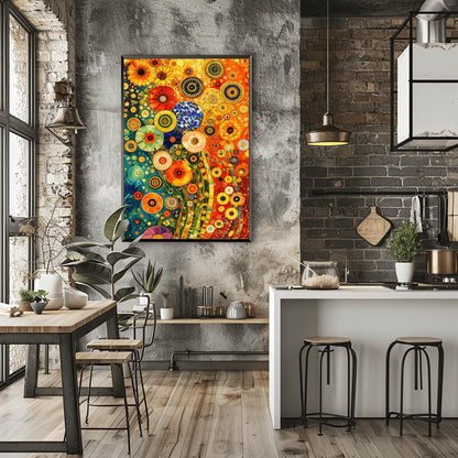 A vertical fine art print in the style of Gustav Klimt. A dense, abstract field of stylized flowers made of colorful mosaic circles and geometric patterns. The left side is a deep teal blue, while the right side is a warm, glowing orange. Shimmering gold flecks and tiled stems wind through the composition.