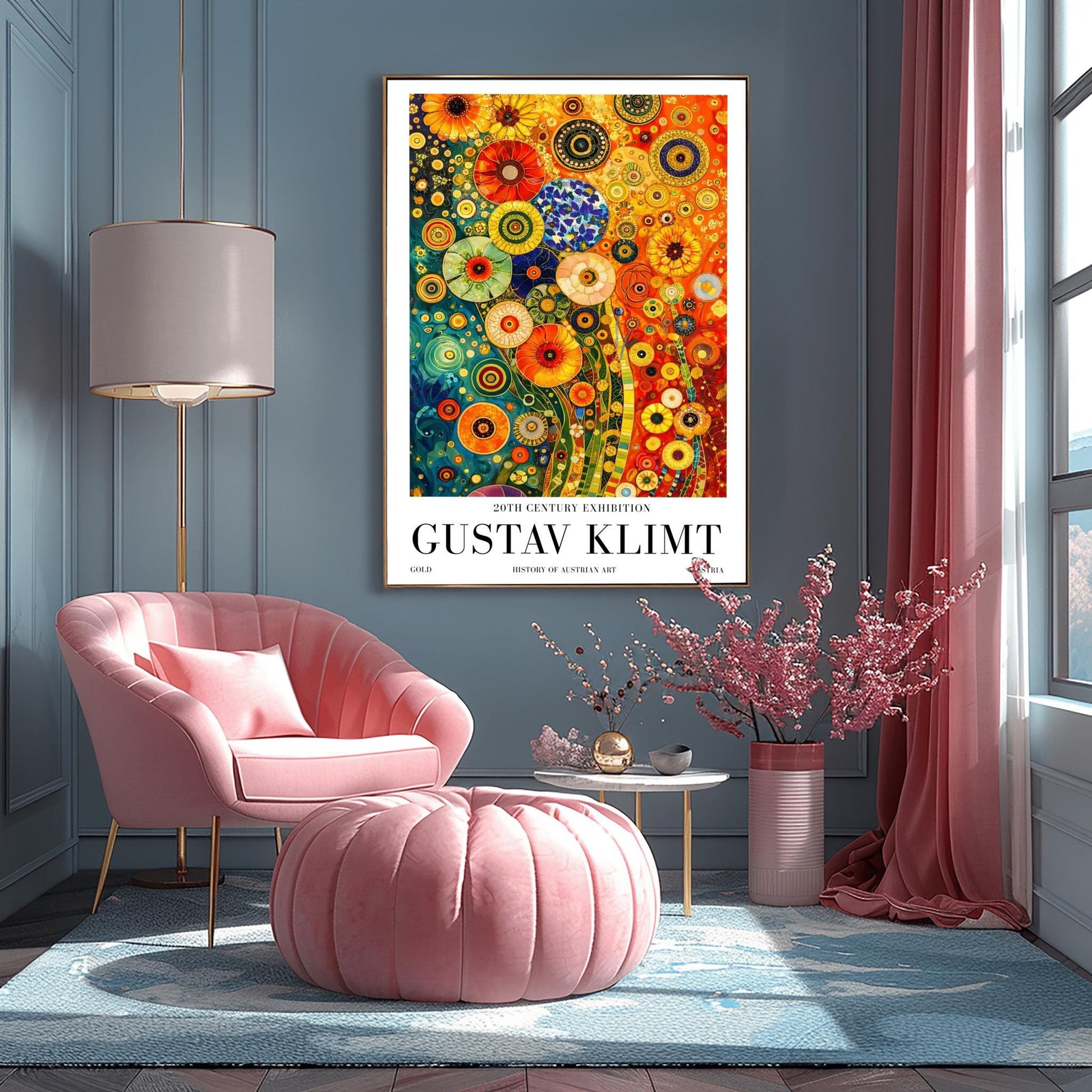 A vertical museum exhibition poster in the style of Gustav Klimt. The central image is a dense, colorful mosaic of stylized flowers in teal, orange, and red. The artwork is surrounded by a white border with bold black text that reads "GUSTAV KLIMT" and "20TH CENTURY EXHIBITION."