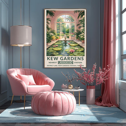 A vertical vintage travel poster for Kew Gardens. The scene is an interior view of a pink-walled conservatory featuring a long rectangular pond filled with lily pads and pink water lilies. A tiered stone fountain stands in the water. Large arched glass doors are open in the center, revealing a sun-drenched garden path lined with flowers and palm trees. The bottom features a cream border with bold green text: "KEW GARDENS" and "NEAREST UNDERGROUND STATION" with District Line details.