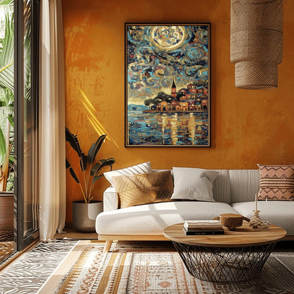 A vertical, highly detailed painting in the style of Gustav Klimt. A seaside village with warm orange and red houses sits on a coastline. The sky is a dark blue swirl of mosaic patterns, circles, and a large golden moon. The water in the foreground reflects the lights of the houses and the sky in shimmering golden and blue horizontal brushstrokes. The style is rich in texture with heavy gold accents.