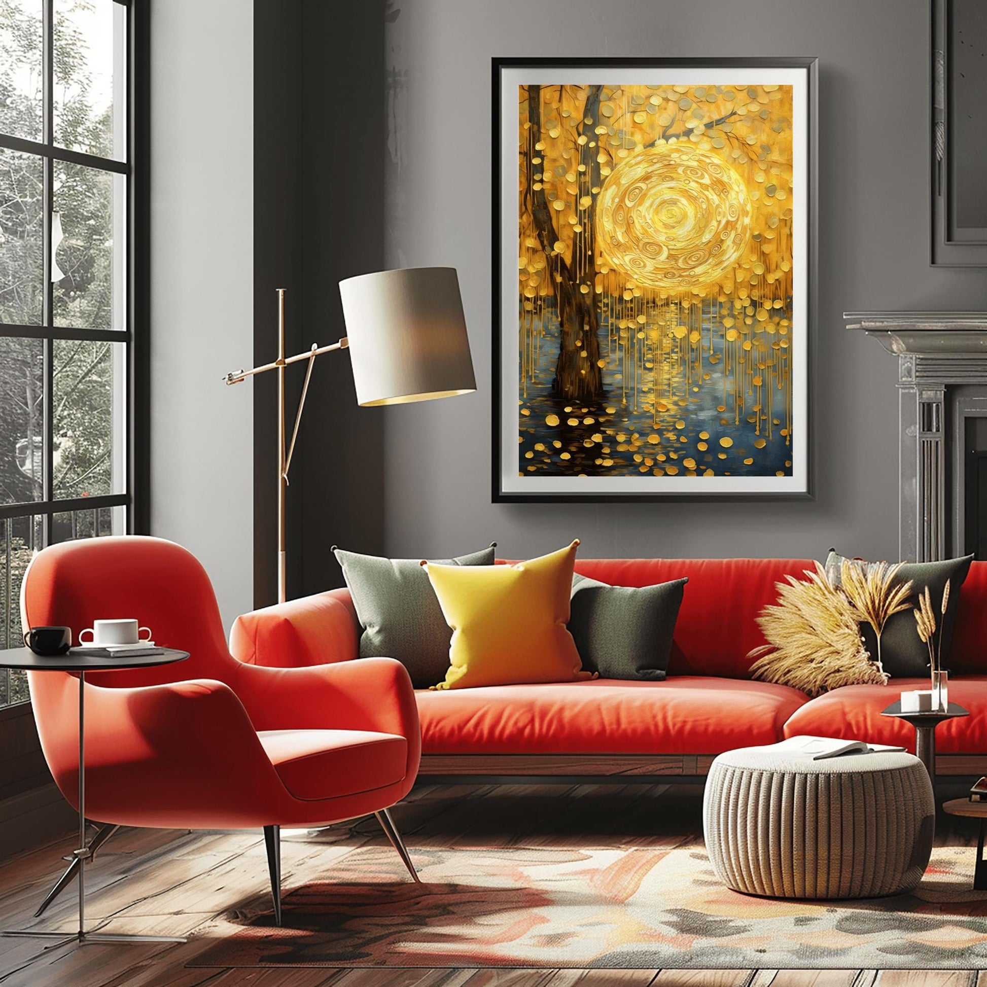 A vertical abstract landscape in the style of Gustav Klimt. A large, swirling golden sun hangs in a warm gold sky next to a dark tree trunk. Cascading golden discs fall from the tree like rain into dark blue water below. The entire scene is filled with intricate spiral textures and shimmering gold leaf effects.