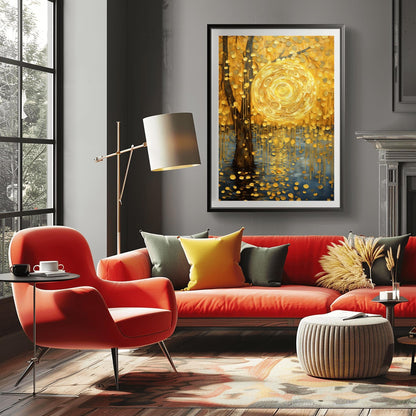 A vertical abstract landscape in the style of Gustav Klimt. A large, swirling golden sun hangs in a warm gold sky next to a dark tree trunk. Cascading golden discs fall from the tree like rain into dark blue water below. The entire scene is filled with intricate spiral textures and shimmering gold leaf effects.
