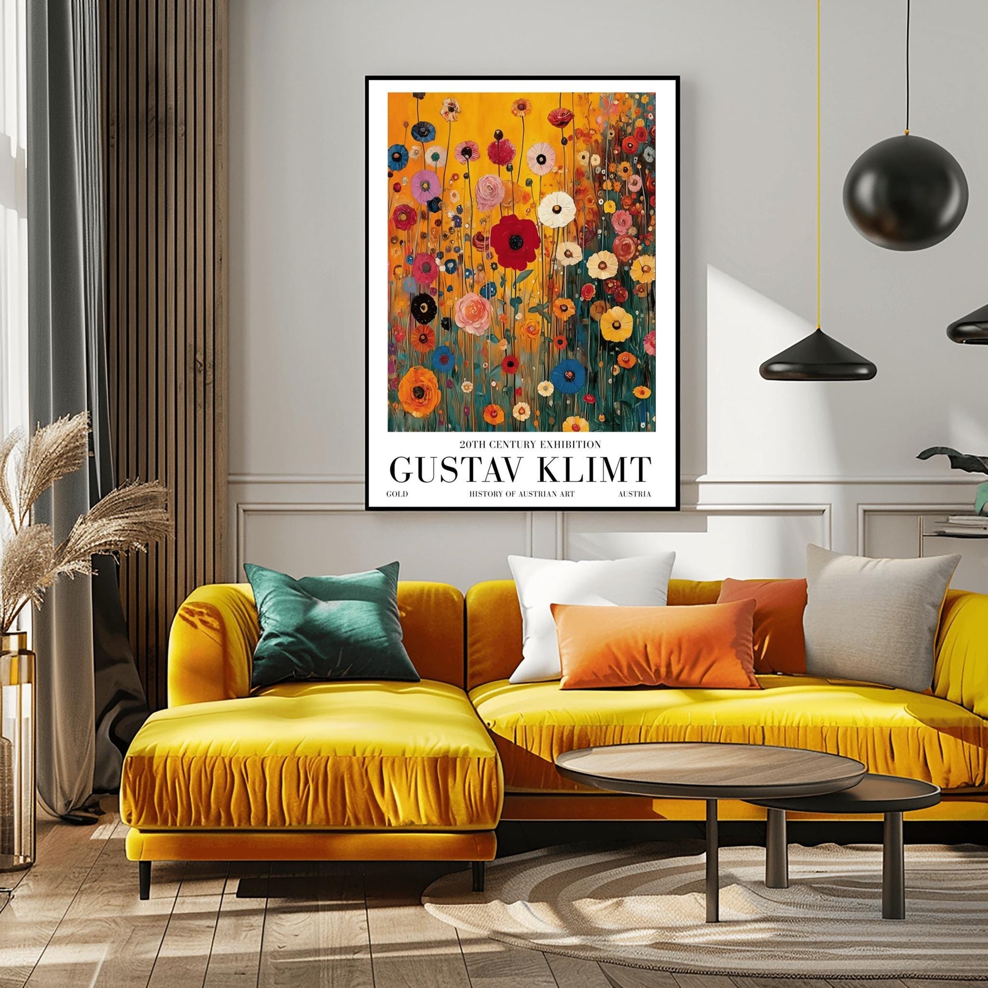 A vertical museum exhibition poster featuring a colorful wildflower meadow in the style of Gustav Klimt. Red, blue, and yellow flowers on thin stalks grow against an amber background. Below the image, bold black text reads "GUSTAV KLIMT" and "20TH CENTURY EXHIBITION" against a white border.