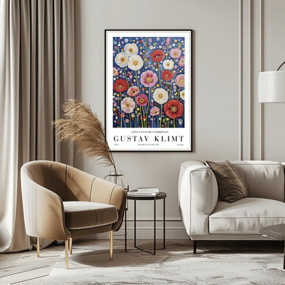 A vertical exhibition-style poster featuring a field of poppies in the style of Gustav Klimt. Large white, red, and pink flowers bloom on slender green stems against a dark navy background filled with shimmering gold and cream mosaic dots. The bottom margin features elegant typography reading "GUSTAV KLIMT" and "20TH CENTURY EXHIBITION."