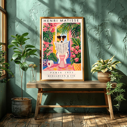 A vertical vintage-style art exhibition poster titled "HENRI MATISSE" at the top and "PARIS 1953 BERGGRUEN & CIE" at the bottom. The center illustration shows a tri-color Jack Russell Terrier dog sitting on a pink toilet inside a bright pink and yellow bathroom, reading a newspaper titled "DAILY BARK". The background features an open arch window with a tropical palm tree, large green leaves, bright pink flowers, and a roll of toilet paper on the floor.