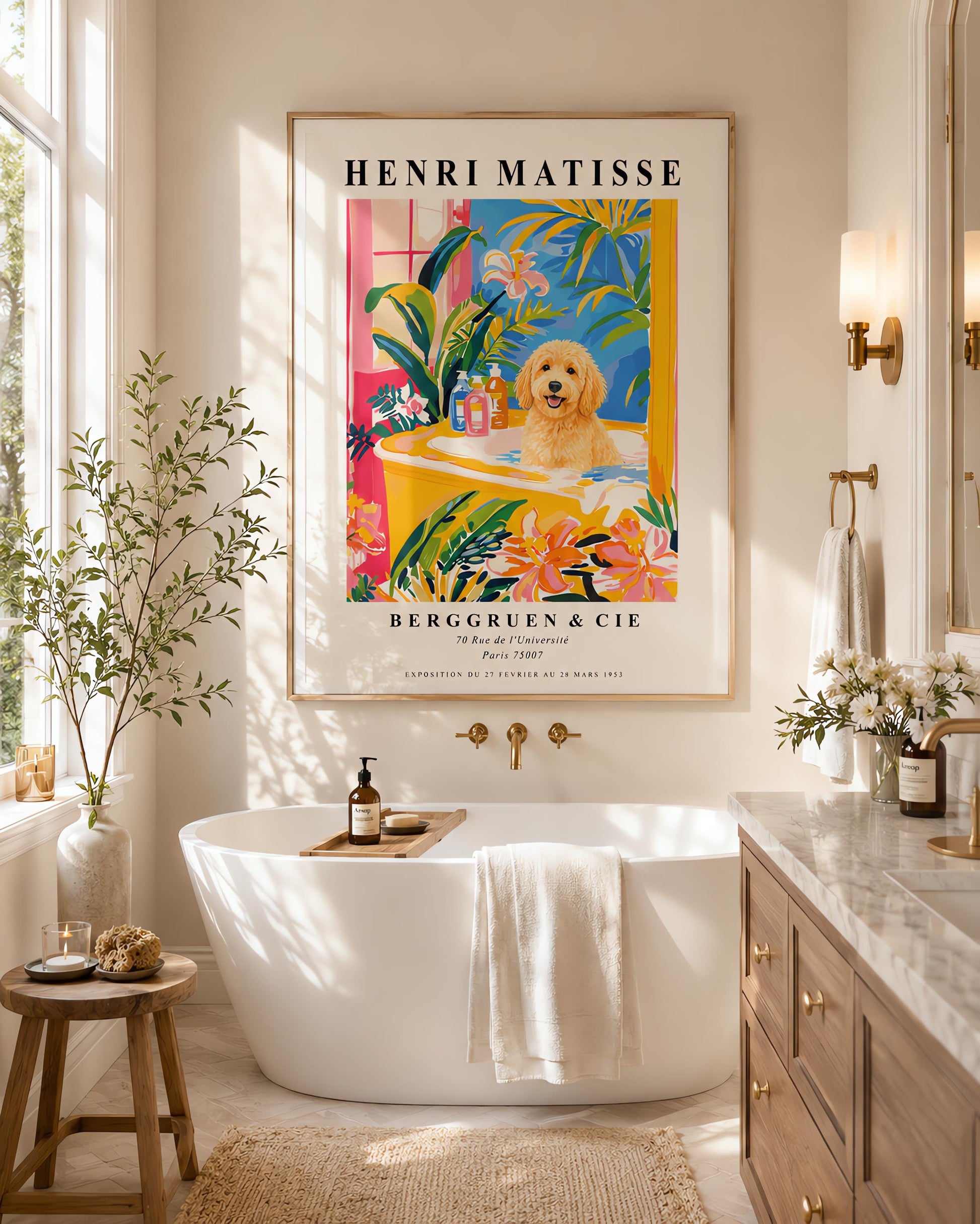 A vertical minimalist fine art exhibition poster in the style of Henri Matisse, shown framed on a wall above a luxury white bathtub. The poster has a wide white border with bold black text reading "HENRI MATISSE" and "BERGGRUEN & CIE". In the center painting, a fluffy golden doodle dog sits happily inside a yellow bathtub surrounded by vibrant pink, blue, and green tropical plants and orange flowers.