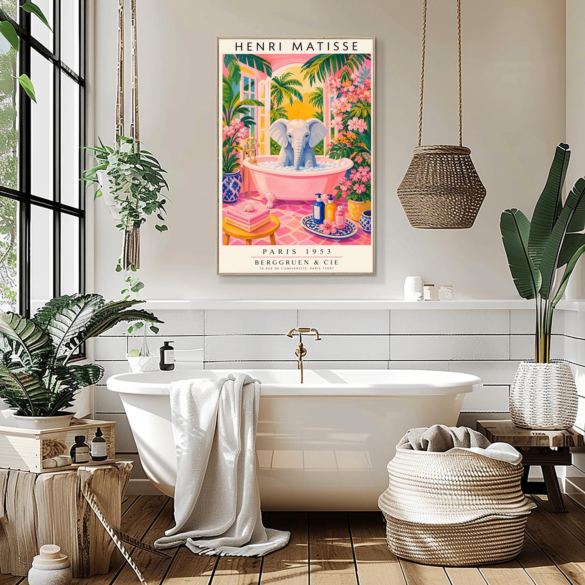 A vertical maximalist art print styled as a Henri Matisse exhibition poster. A light grey baby elephant is sitting in a large pink clawfoot bathtub filled with white bubbles. The bathroom features hot pink tiled floors, vibrant pink flowers, and lush green tropical plants. In the background, an arched window shows a bright golden sunset with palm tree silhouettes. A small yellow stool with towels and various blue and yellow ceramic vases decorate the room.