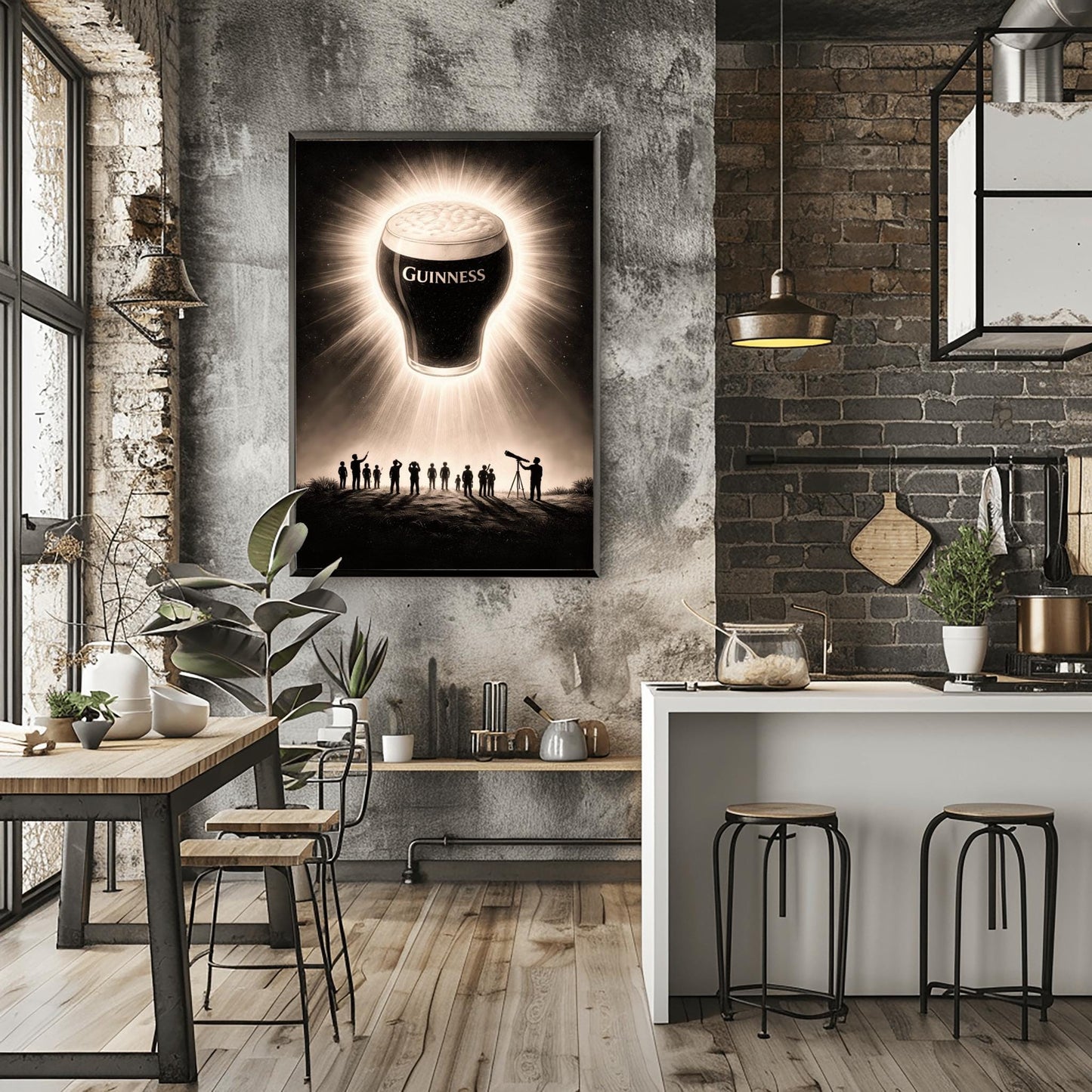 A vertical charcoal-style illustration. A pint of Guinness floats in a dark night sky like a solar eclipse, with bright rays of light radiating from behind the glass. Below, a group of tiny human silhouettes and one person with a telescope look up in wonder at the floating beer.