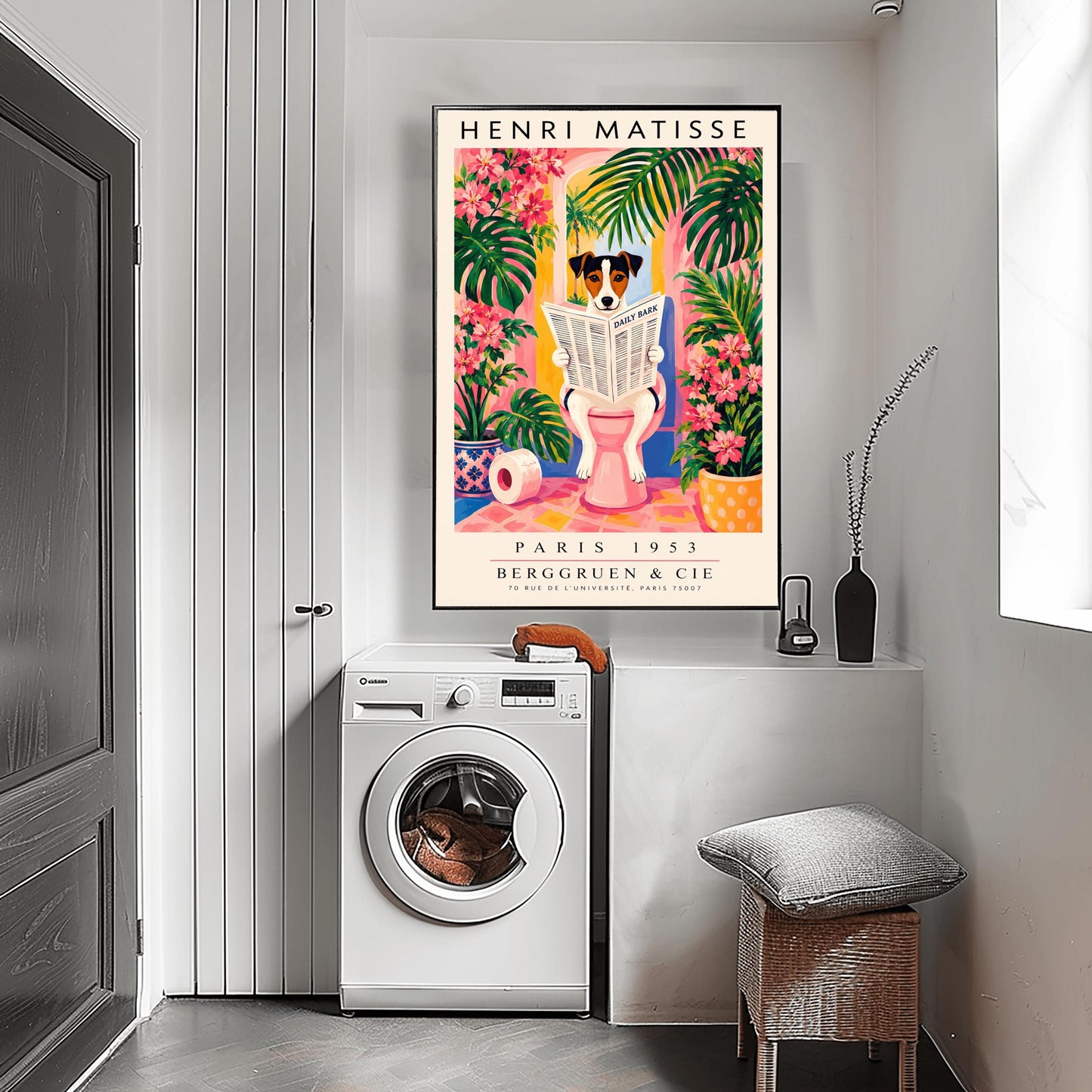 A vertical vintage-style art exhibition poster titled "HENRI MATISSE" at the top and "PARIS 1953 BERGGRUEN & CIE" at the bottom. The center illustration shows a tri-color Jack Russell Terrier dog sitting on a pink toilet inside a bright pink and yellow bathroom, reading a newspaper titled "DAILY BARK". The background features an open arch window with a tropical palm tree, large green leaves, bright pink flowers, and a roll of toilet paper on the floor.