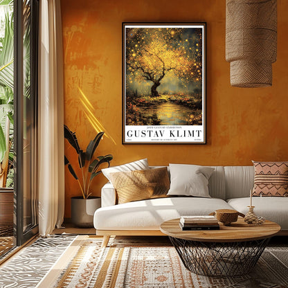 A vertical museum exhibition poster in the style of Gustav Klimt. A large tree with a dense, glowing golden canopy stands beside a river. The water surface is covered in golden mosaic patterns and reflections. The ground is filled with small orange flowers. Bold black text at the bottom reads "GUSTAV KLIMT" and "HISTORY OF AUSTRIAN ART."