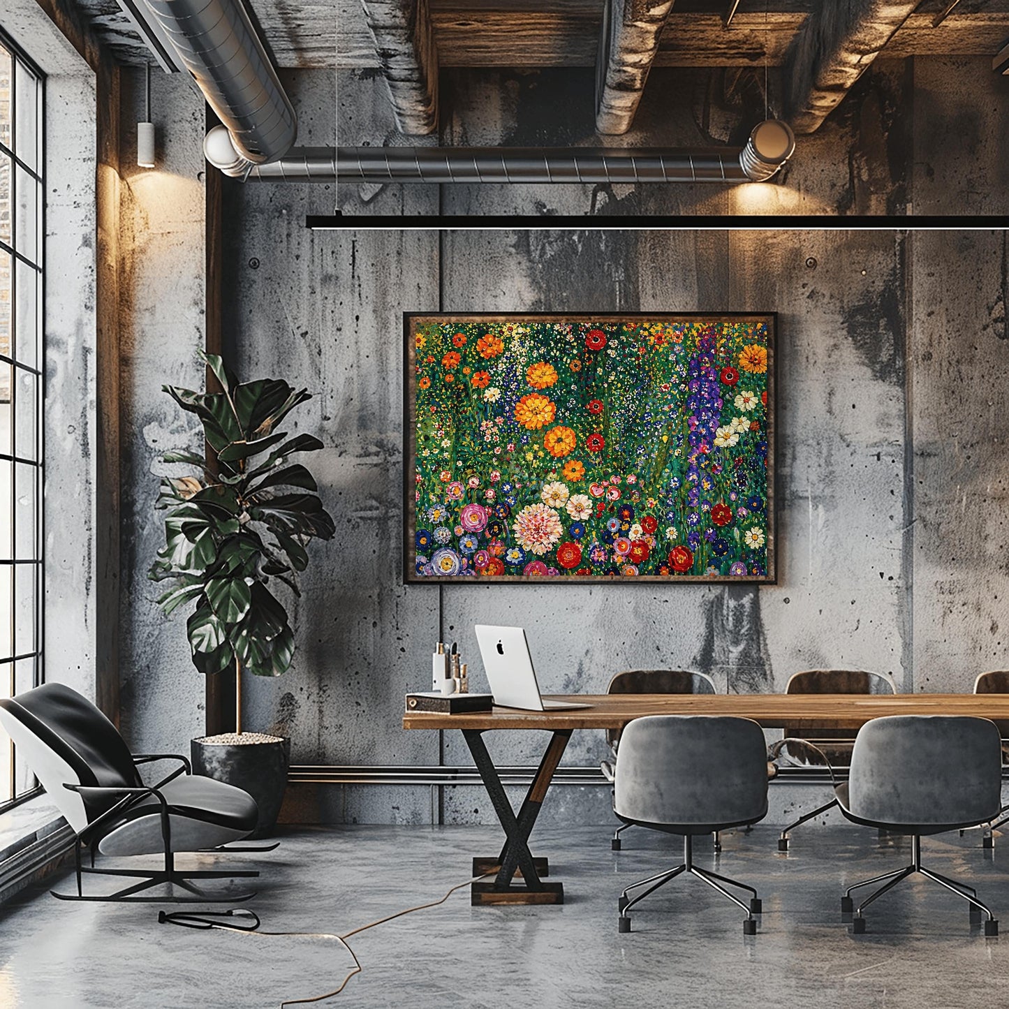 A horizontal art print featuring a dense and vibrant field of wildflowers in the style of Gustav Klimt. The image is a maximalist mosaic of colors, with large orange and red flowers, tall purple stalks, and small white and yellow daisies packed tightly together. The background is a lush, dappled green. The painting style uses small, thick brushstrokes to create a textured, tapestry-like effect across the entire surface.