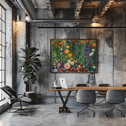 A horizontal art print featuring a dense and vibrant field of wildflowers in the style of Gustav Klimt. The image is a maximalist mosaic of colors, with large orange and red flowers, tall purple stalks, and small white and yellow daisies packed tightly together. The background is a lush, dappled green. The painting style uses small, thick brushstrokes to create a textured, tapestry-like effect across the entire surface.