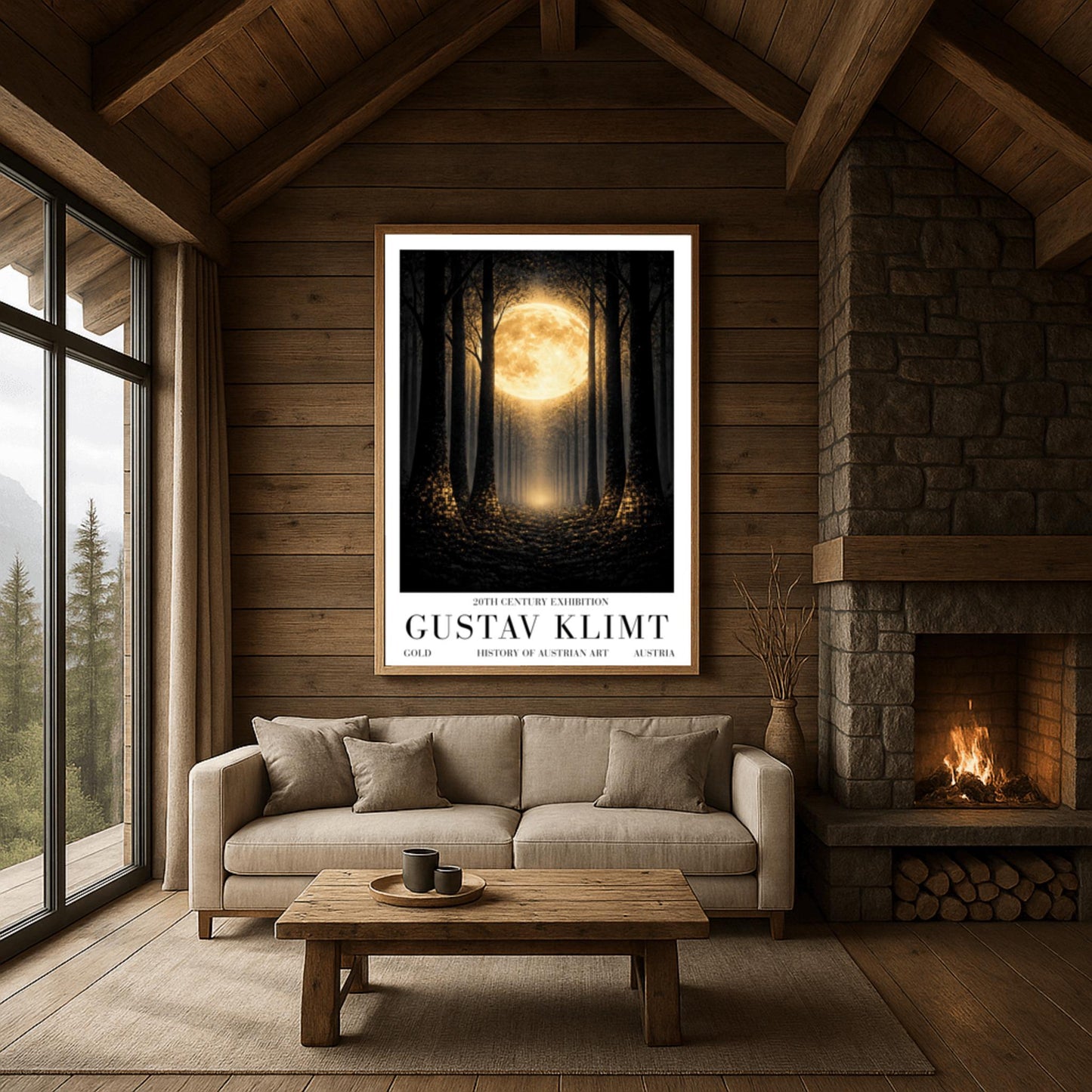 A vertical art print in the style of Gustav Klimt showing a dark forest at night. Tall, dark, silhouetted tree trunks frame a central path that leads toward a bright light in the distance. A massive, glowing golden moon with intricate textures dominates the upper center of the image. The base of the trees and the forest floor are sprinkled with shimmering gold mosaic patterns and light specks, contrasting sharply against the dark background.