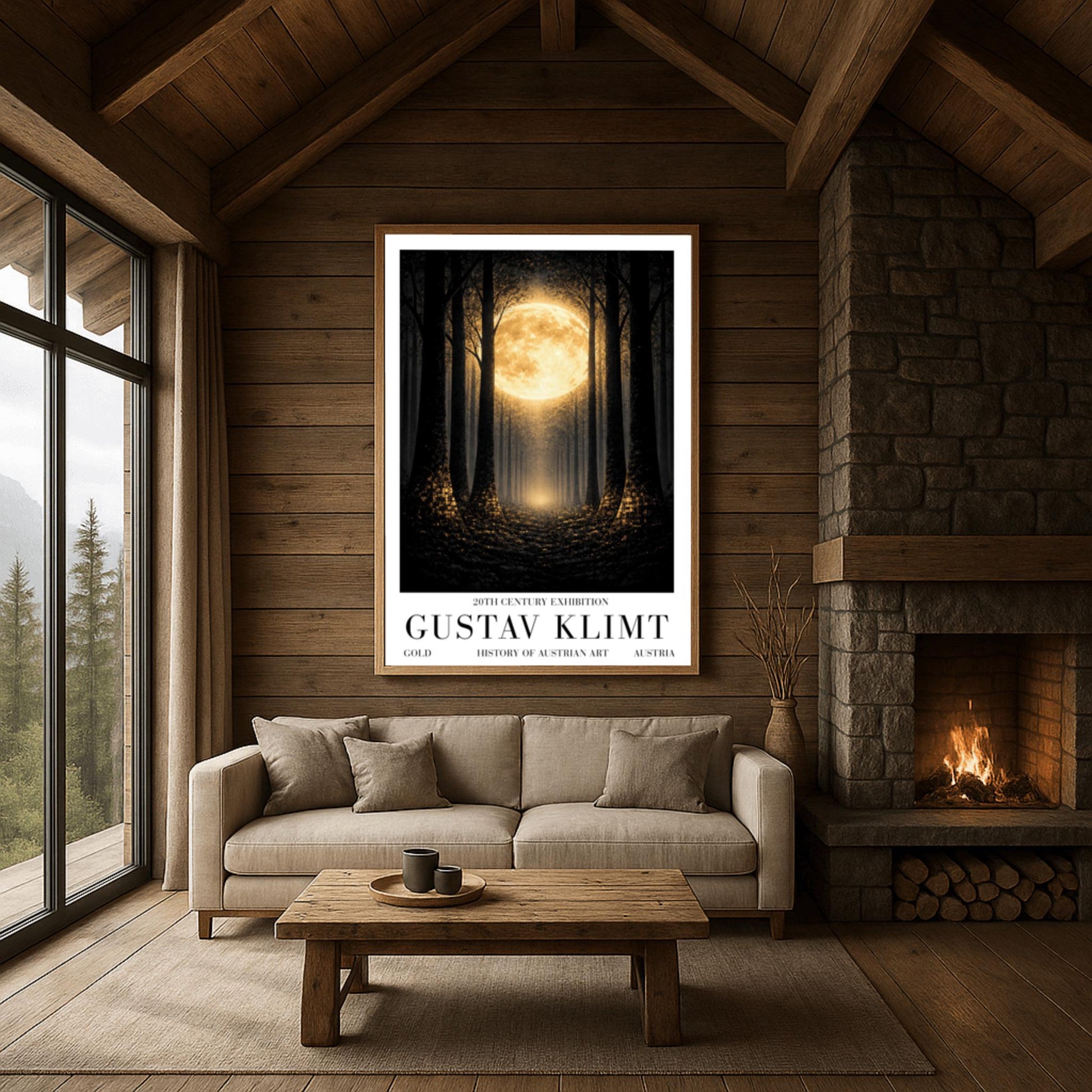 A vertical art print in the style of Gustav Klimt showing a dark forest at night. Tall, dark, silhouetted tree trunks frame a central path that leads toward a bright light in the distance. A massive, glowing golden moon with intricate textures dominates the upper center of the image. The base of the trees and the forest floor are sprinkled with shimmering gold mosaic patterns and light specks, contrasting sharply against the dark background.