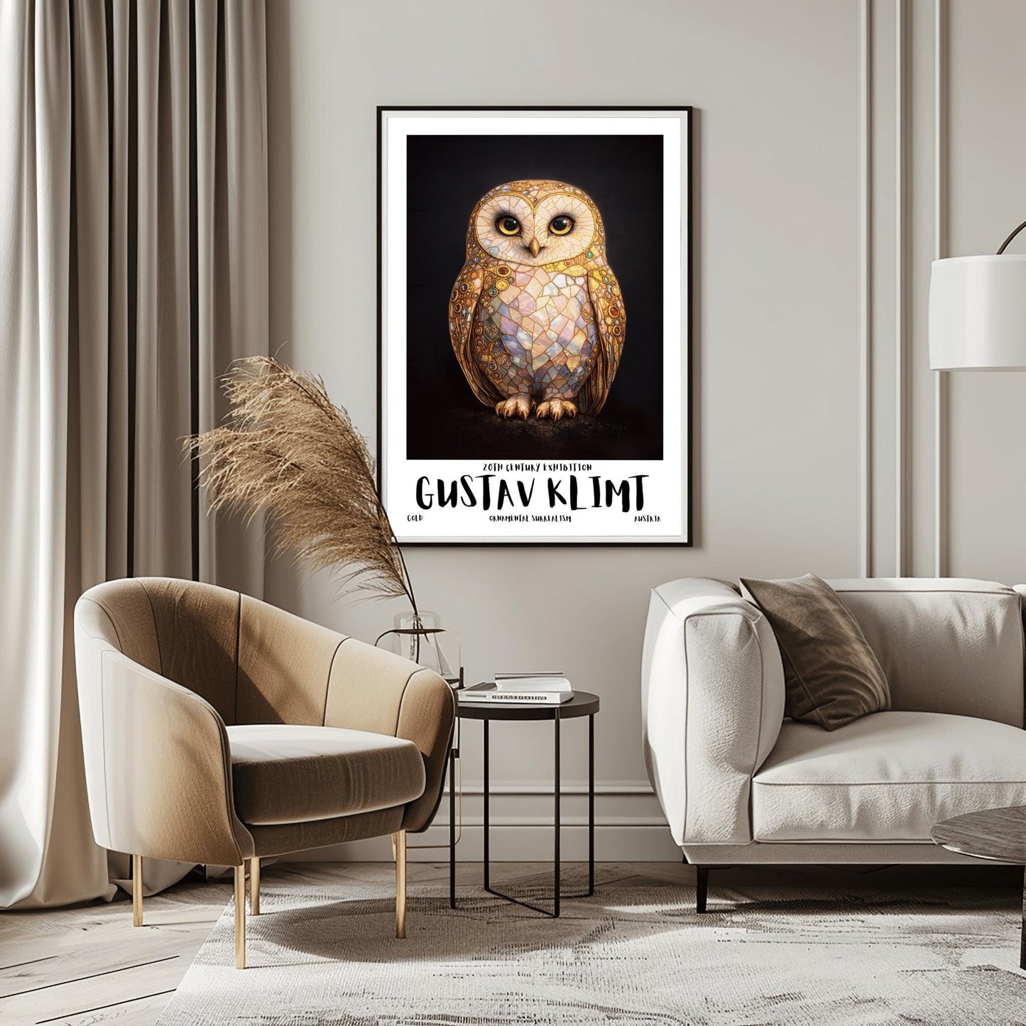 A vertical full-bleed illustration of a barn owl in the style of Gustav Klimt. The owl's body is a complex mosaic of gold, cream, and iridescent pastel tiles with small colorful gemstones embedded in the wings. It has large dark eyes and stands against a solid black background.