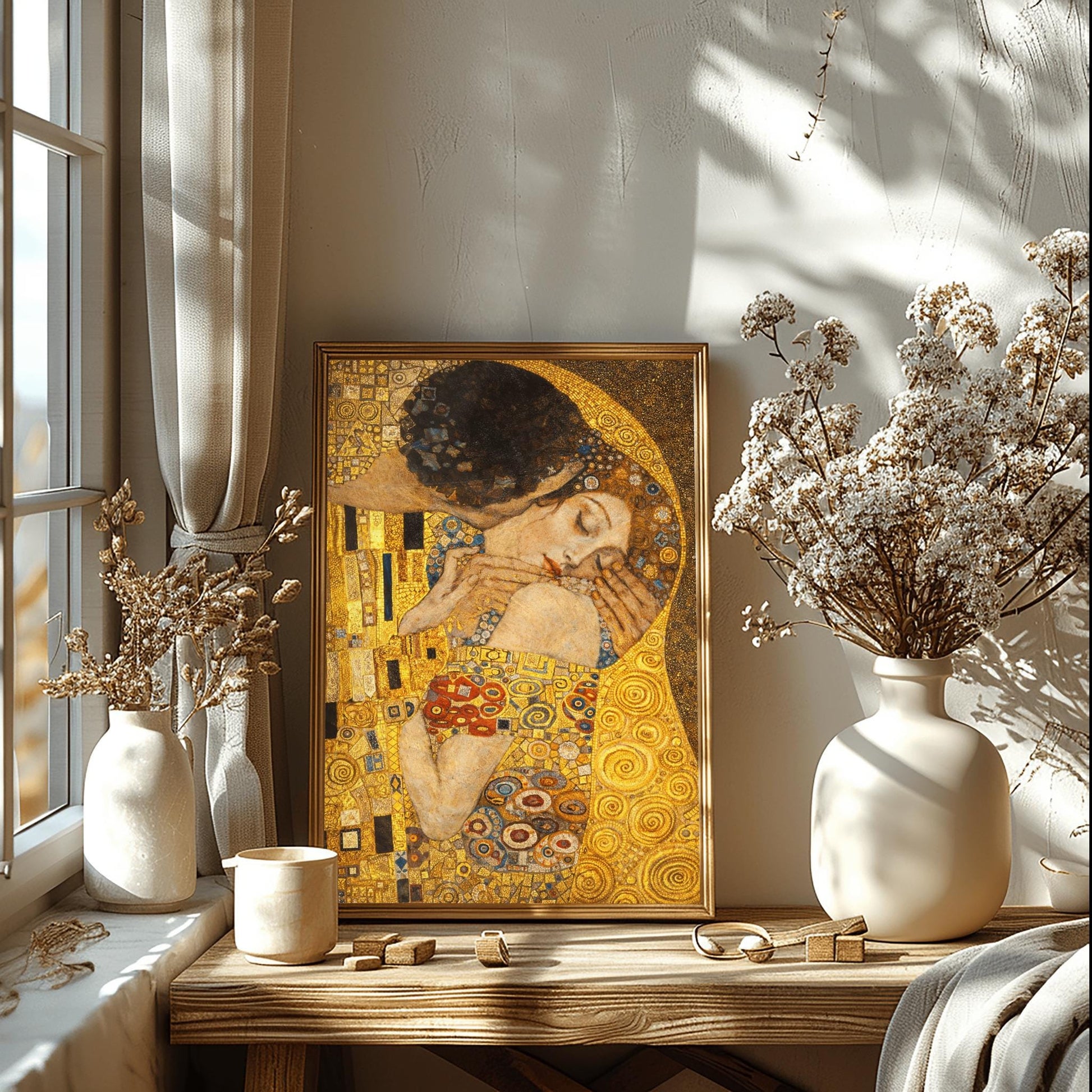 A vertical fine art print in the style of Gustav Klimt's "The Kiss." An embracing couple is centered, their bodies merged under a single, ornate golden cloak filled with geometric patterns like black and white rectangles and colorful spirals. The woman’s face is turned upward with eyes closed in a peaceful expression. The background is a shimmering, textured gold field, creating a radiant and romantic Art Nouveau atmosphere.