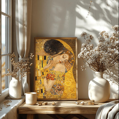 A vertical fine art print in the style of Gustav Klimt's "The Kiss." An embracing couple is centered, their bodies merged under a single, ornate golden cloak filled with geometric patterns like black and white rectangles and colorful spirals. The woman’s face is turned upward with eyes closed in a peaceful expression. The background is a shimmering, textured gold field, creating a radiant and romantic Art Nouveau atmosphere.