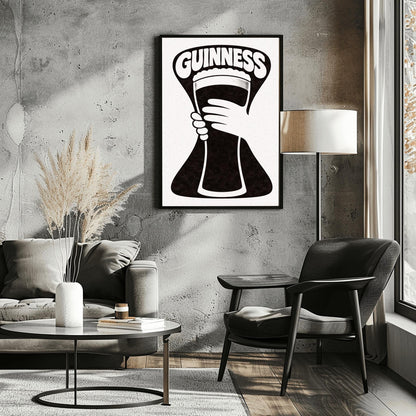 A vertical minimalist graphic in black and white. A large, black hourglass-shaped background features a white hand silhouette holding a pint glass made of negative space. The word "GUINNESS" is arched in bold white text at the top.