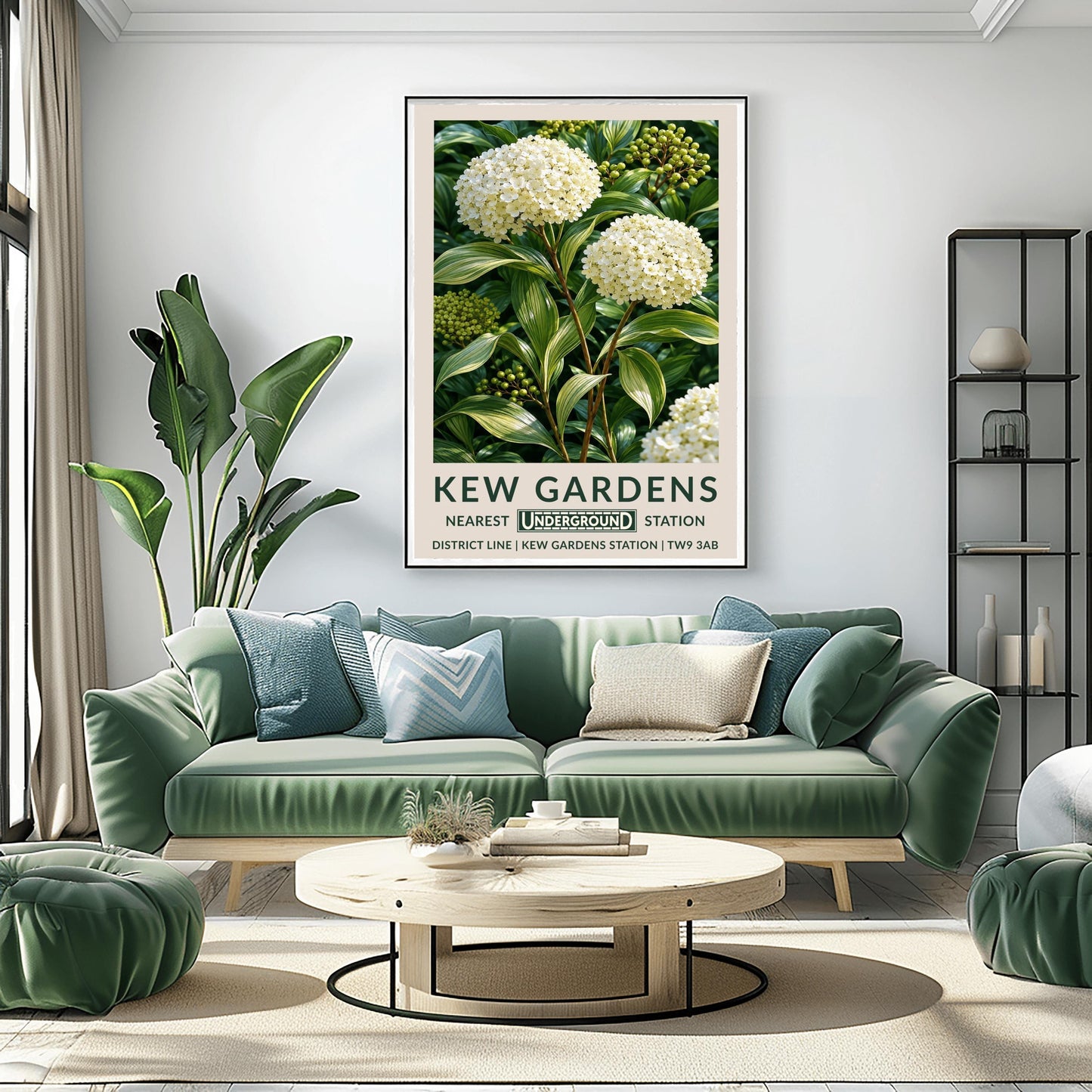 A vertical retro London Underground travel poster for Kew Gardens on a wide cream border. The top image shows a close-up, detailed botanical illustration of two large, round white hydrangea flower clusters surrounded by long, variegated green and white leaves and small green berries. The bottom cream border features the text "KEW GARDENS" in dark green, followed by "NEAREST UNDERGROUND STATION" flanking an authentic boxed Underground logo