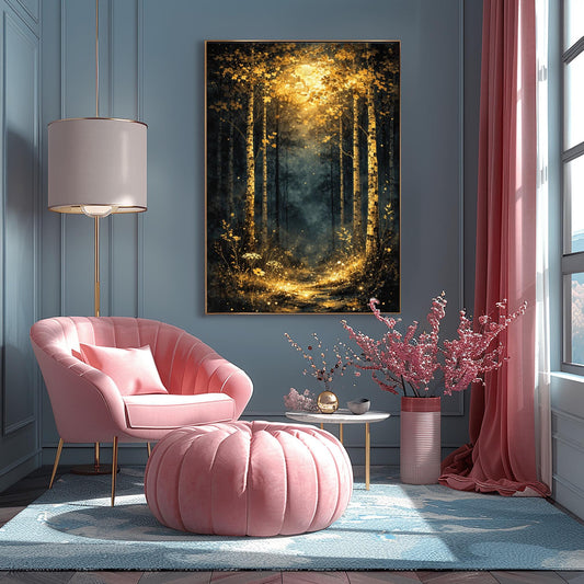 A vertical Art Nouveau illustration of a forest path at night or twilight. Golden birch trees with detailed bark frame a trail that leads into a misty forest. The path and foreground flowers are illuminated by a radiant golden light from above, filled with shimmering stardust.
