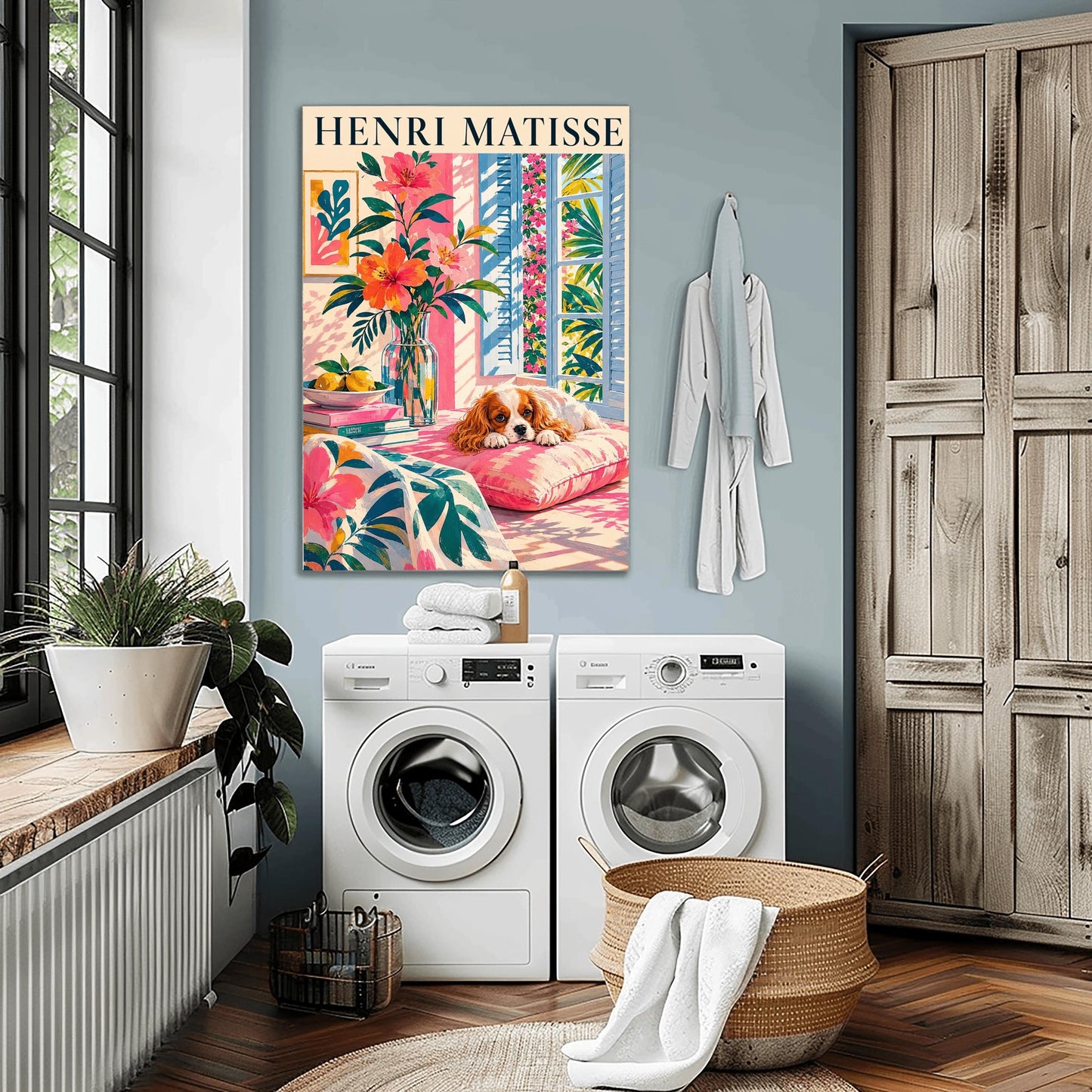 A vertical minimalist fine art exhibition poster in the style of Henri Matisse, featuring a large white border layout. In the center, a simple black line drawing outlines the head and long floppy ears of a Cavalier King Charles Spaniel dog. The illustration is accented by vibrant abstract cut-out shapes, including a solid blue organic leaf on the left, a large terracotta red shape on the right, and a bright yellow gold block at the base against a clean white background.