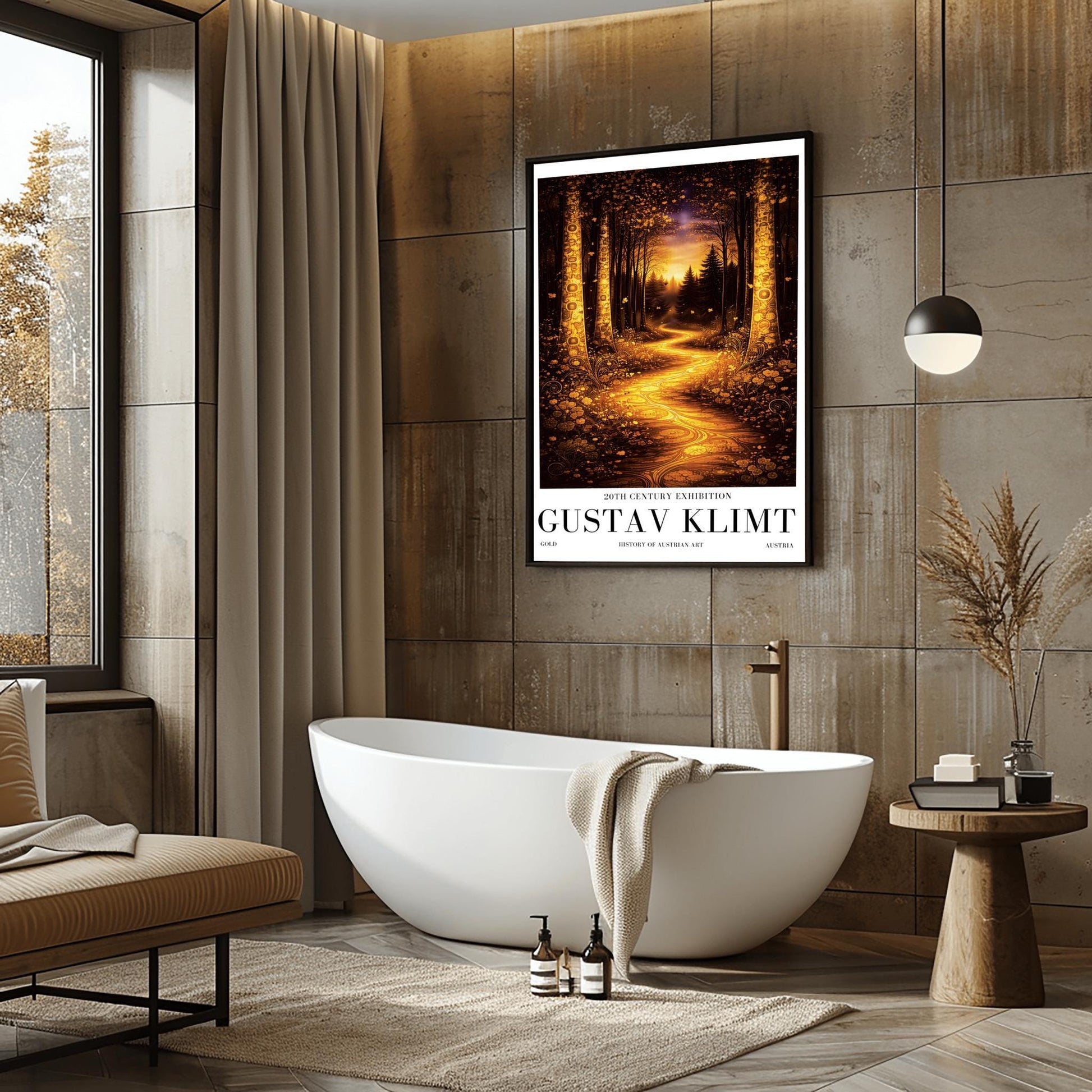 A vertical exhibition poster for Gustav Klimt. A glowing golden path winds through a dark, moody forest at night. Ornate trees with golden mosaic patterns frame the scene. Below the art, bold black text reads "GUSTAV KLIMT" and "20th Century Exhibition."