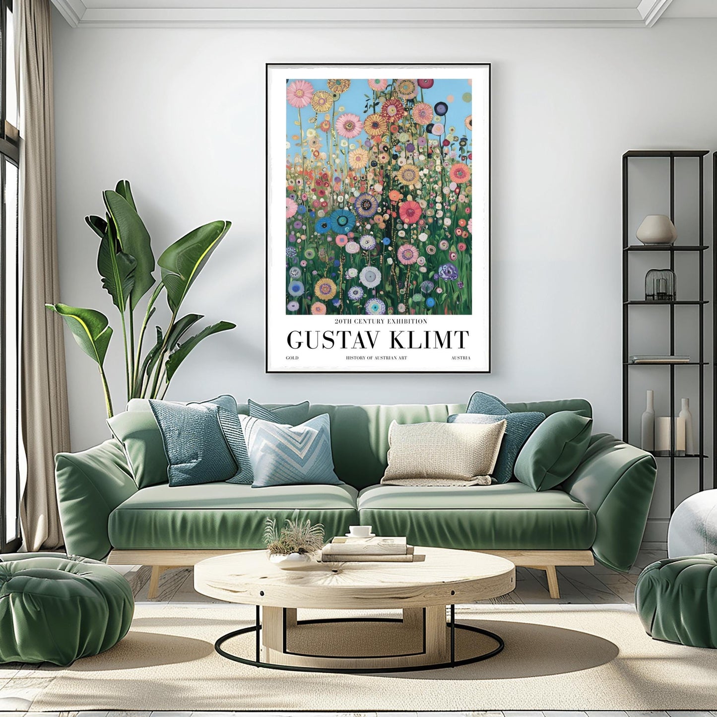 A vertical museum exhibition poster in the style of Gustav Klimt. A dense field of colorful, stylized wildflowers in pink, blue, and orange reaches upward toward a light blue sky filled with golden orbs. Each flower is detailed with mosaic patterns and gold leaf. Bold black text at the bottom reads "GUSTAV KLIMT" and "HISTORY OF AUSTRIAN ART."