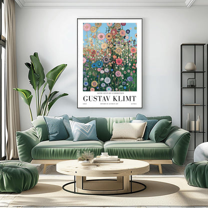 A vertical museum exhibition poster in the style of Gustav Klimt. A dense field of colorful, stylized wildflowers in pink, blue, and orange reaches upward toward a light blue sky filled with golden orbs. Each flower is detailed with mosaic patterns and gold leaf. Bold black text at the bottom reads "GUSTAV KLIMT" and "HISTORY OF AUSTRIAN ART."