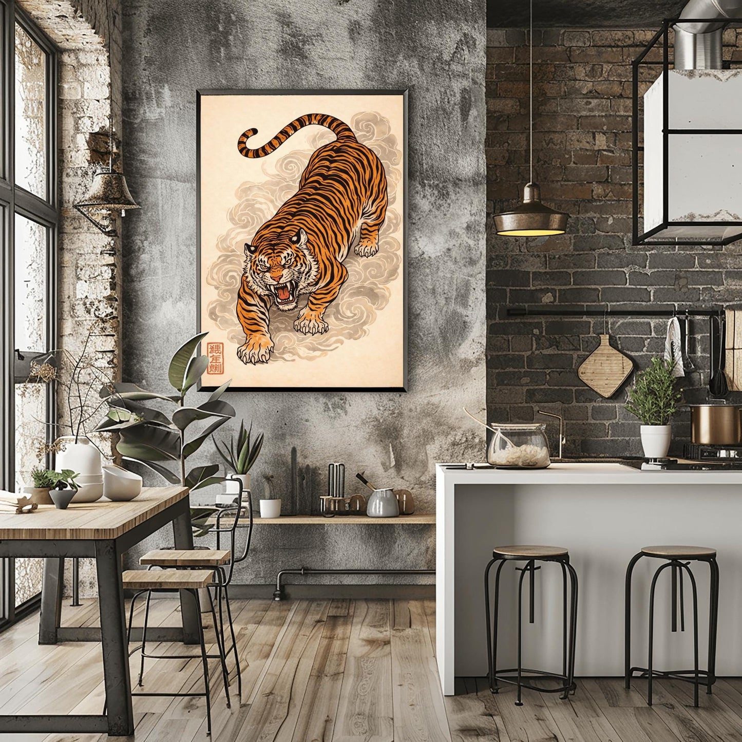 A vertical Japanese-style art print of an orange and black striped tiger prowling forward with an open mouth and fierce expression. The tiger is surrounded by stylized, swirling grey clouds of mist. The background is a textured light cream color, and a red square calligraphy seal is visible in the bottom left corner. The style is reminiscent of traditional ukiyo-e woodblock prints.