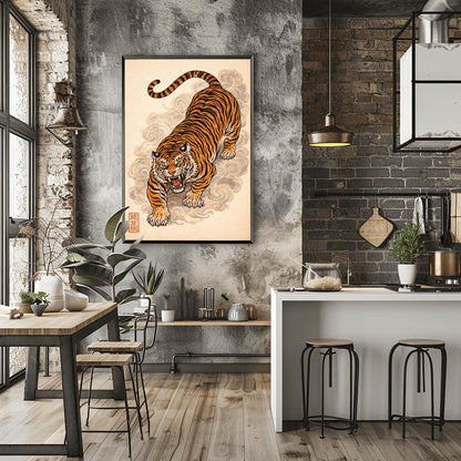 A vertical Japanese-style art print of an orange and black striped tiger prowling forward with an open mouth and fierce expression. The tiger is surrounded by stylized, swirling grey clouds of mist. The background is a textured light cream color, and a red square calligraphy seal is visible in the bottom left corner. The style is reminiscent of traditional ukiyo-e woodblock prints.