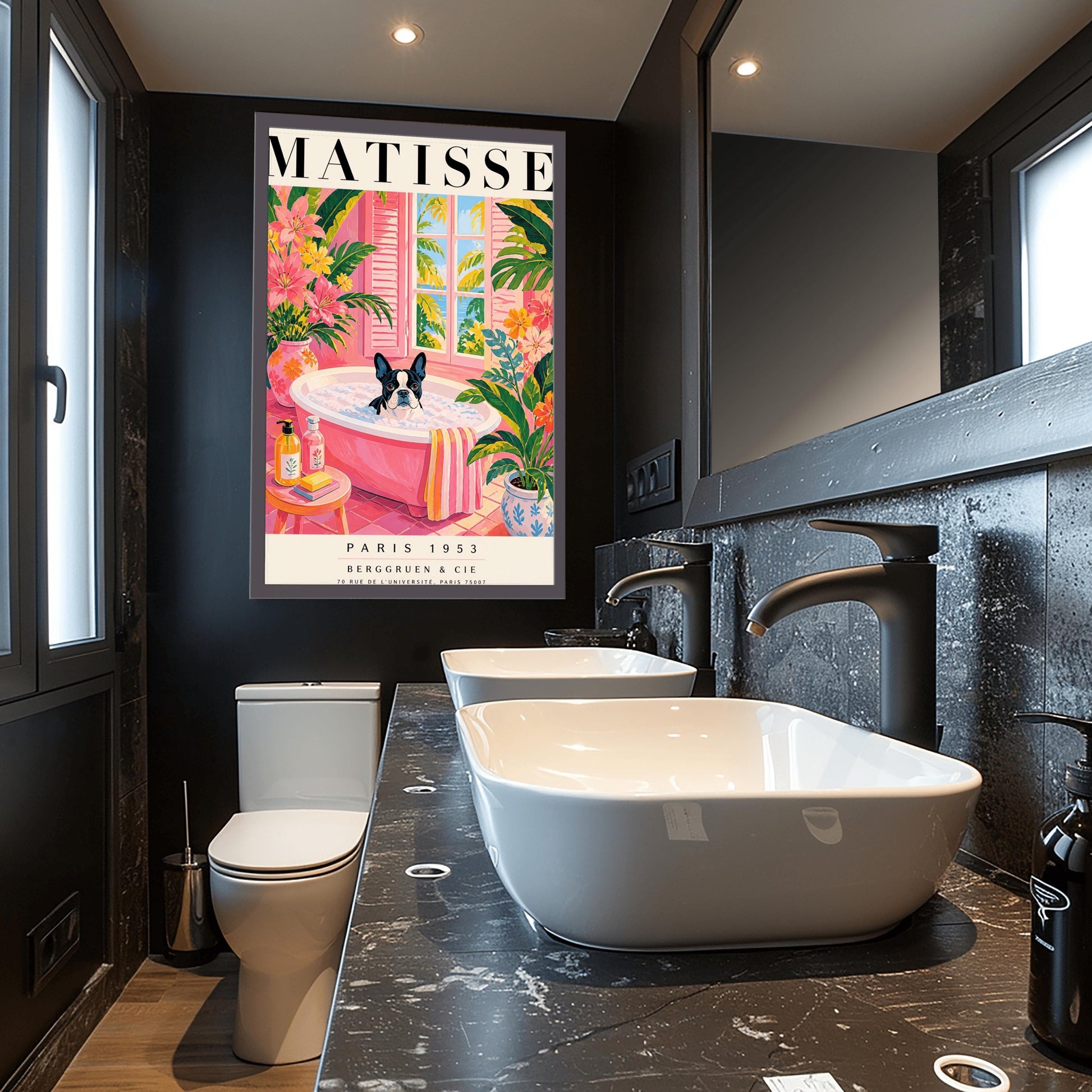 A vertical maximalist art print styled as a Henri Matisse exhibition poster. A black and white Boston Terrier dog sits in a pink bathtub filled with white bubbles. The bathroom features pink tiled floors and walls, decorated with lush green tropical plants and vibrant pink flowers in floral vases. A window with pink shutters in the background looks out onto palm trees and a blue ocean. In the foreground, soap bottles and a yellow bar of soap sit on a small pink stool.