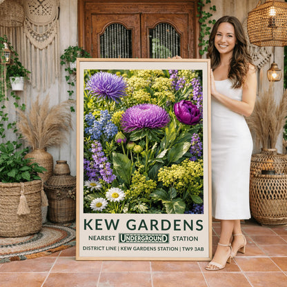 A vertical retro London Underground travel poster for Kew Gardens on a wide cream border. The top image shows a close-up, densely packed botanical illustration of a summer meadow featuring large purple asters, a magenta peony, clusters of tiny yellow dill flowers, blue forget-me-nots, and white daisies surrounded by green leaves. The bottom cream border features the text "KEW GARDENS" in dark green, followed by "NEAREST UNDERGROUND STATION" flanking an authentic boxed Underground logo