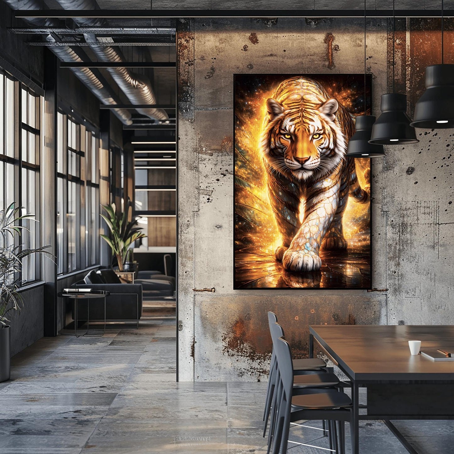 A vertical full-bleed illustration of a tiger in the style of Gustav Klimt. The tiger is prowling forward toward the viewer, its body covered in golden mosaic patterns and glowing orange light. The background is a swirl of amber sparks and gold-leaf textures.
