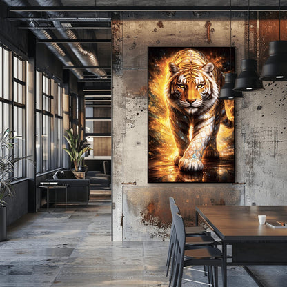 A vertical full-bleed illustration of a tiger in the style of Gustav Klimt. The tiger is prowling forward toward the viewer, its body covered in golden mosaic patterns and glowing orange light. The background is a swirl of amber sparks and gold-leaf textures.