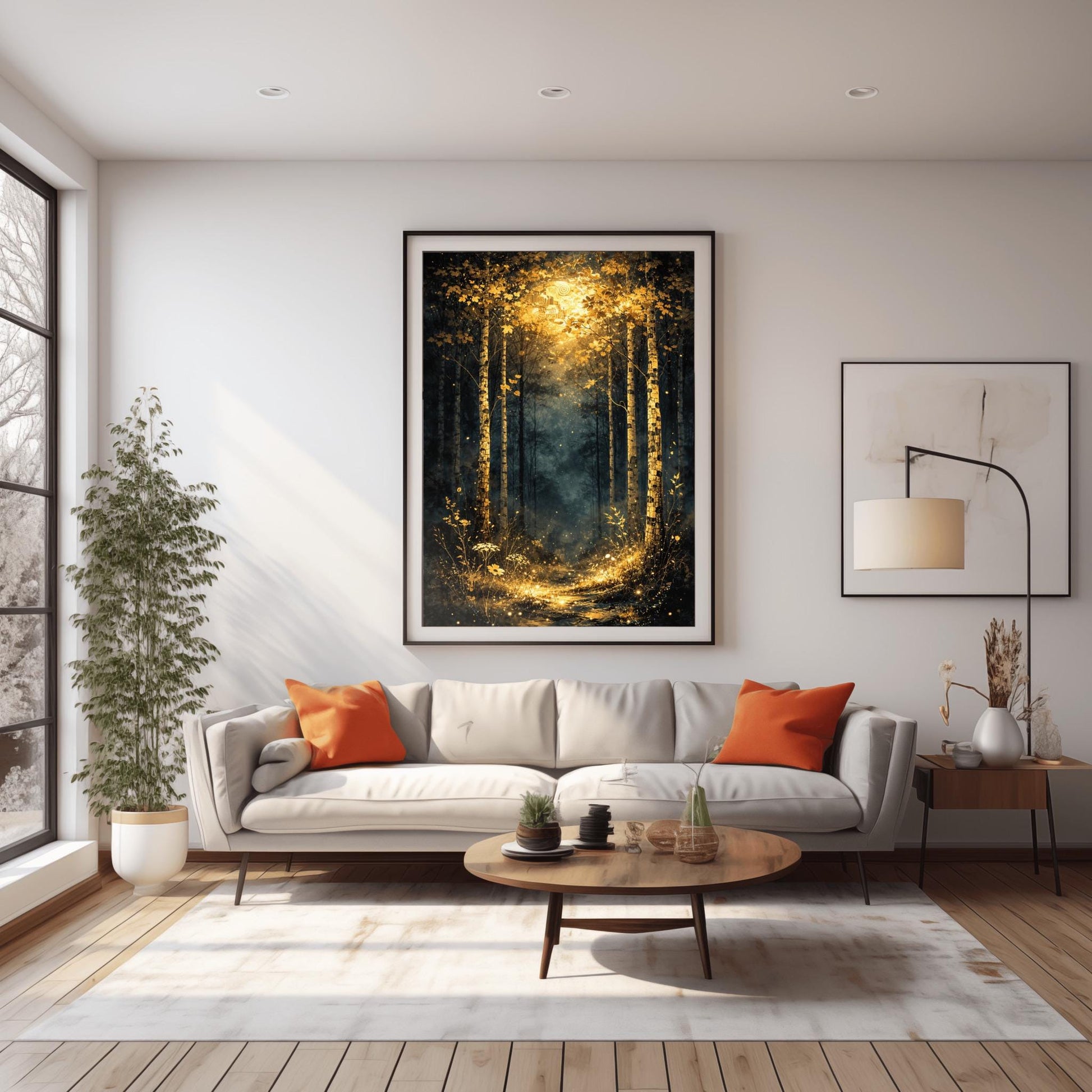 A vertical Art Nouveau illustration of a forest path at night or twilight. Golden birch trees with detailed bark frame a trail that leads into a misty forest. The path and foreground flowers are illuminated by a radiant golden light from above, filled with shimmering stardust.