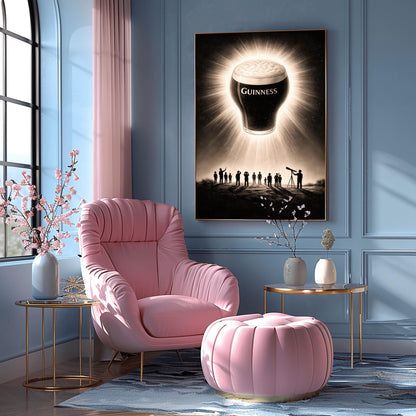 A vertical charcoal-style illustration. A pint of Guinness floats in a dark night sky like a solar eclipse, with bright rays of light radiating from behind the glass. Below, a group of tiny human silhouettes and one person with a telescope look up in wonder at the floating beer.
