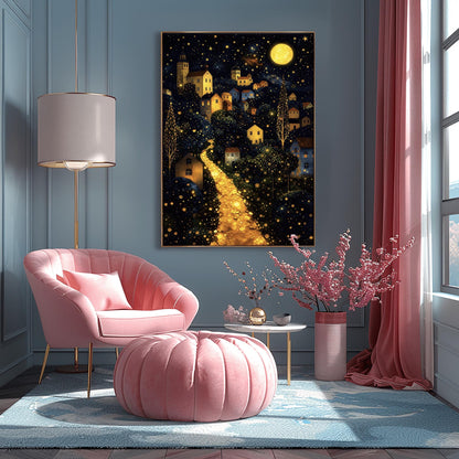 A vertical fine art landscape in the style of Gustav Klimt. A brilliant, glowing golden path winds up a dark hillside toward a village with lit windows. The deep blue night sky is filled with many stars and a large, textured golden moon. The trees are decorated with small, shimmering golden dots.