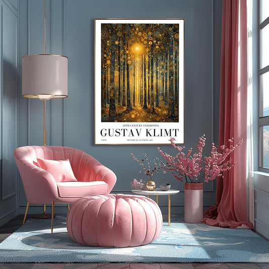 A vertical museum exhibition poster in the style of Gustav Klimt. A forest of slender trees is rendered in complex gold and dark blue mosaic patterns. A bright golden sun glows in the center, and the ground is covered in golden circular patterns. Bold black text at the bottom reads "GUSTAV KLIMT" and "20TH CENTURY EXHIBITION."