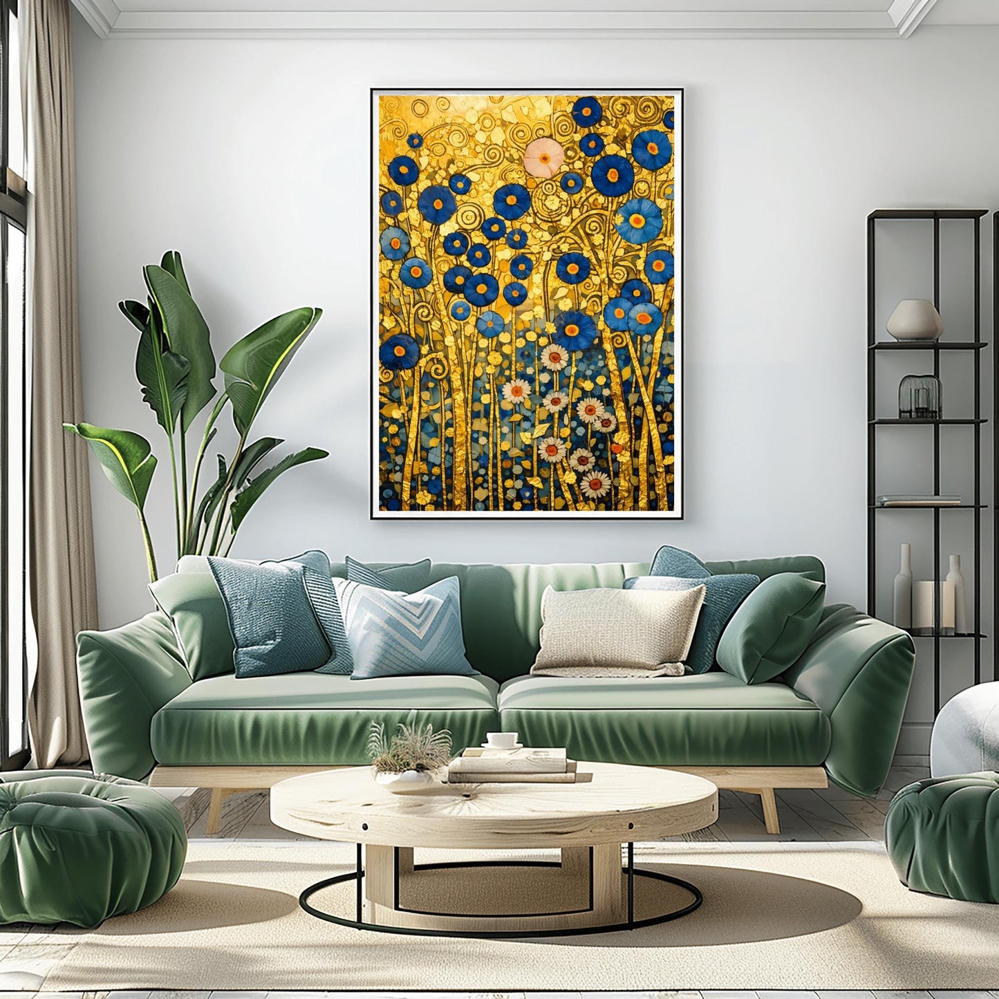 A vertical fine art landscape in the style of Gustav Klimt. A dense cluster of deep blue flowers with gold centers and white daisies grows against a textured gold leaf background filled with spirals and geometric patterns. The stems are slender and golden, creating a rich, mosaic-like botanical tapestry.
