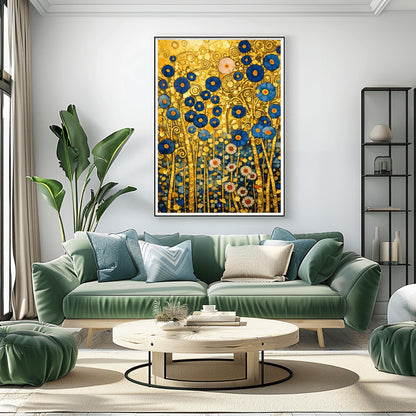 A vertical fine art landscape in the style of Gustav Klimt. A dense cluster of deep blue flowers with gold centers and white daisies grows against a textured gold leaf background filled with spirals and geometric patterns. The stems are slender and golden, creating a rich, mosaic-like botanical tapestry.