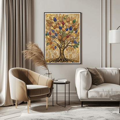 A vertical fine art print in the style of Gustav Klimt. A large, ornate tree with golden swirling branches is centered against a light-gold background. The leaves of the tree are rendered as colorful mosaic jewels in deep blue, red, and green. The entire scene is filled with intricate gold leaf patterns, spirals, and geometric symbols.