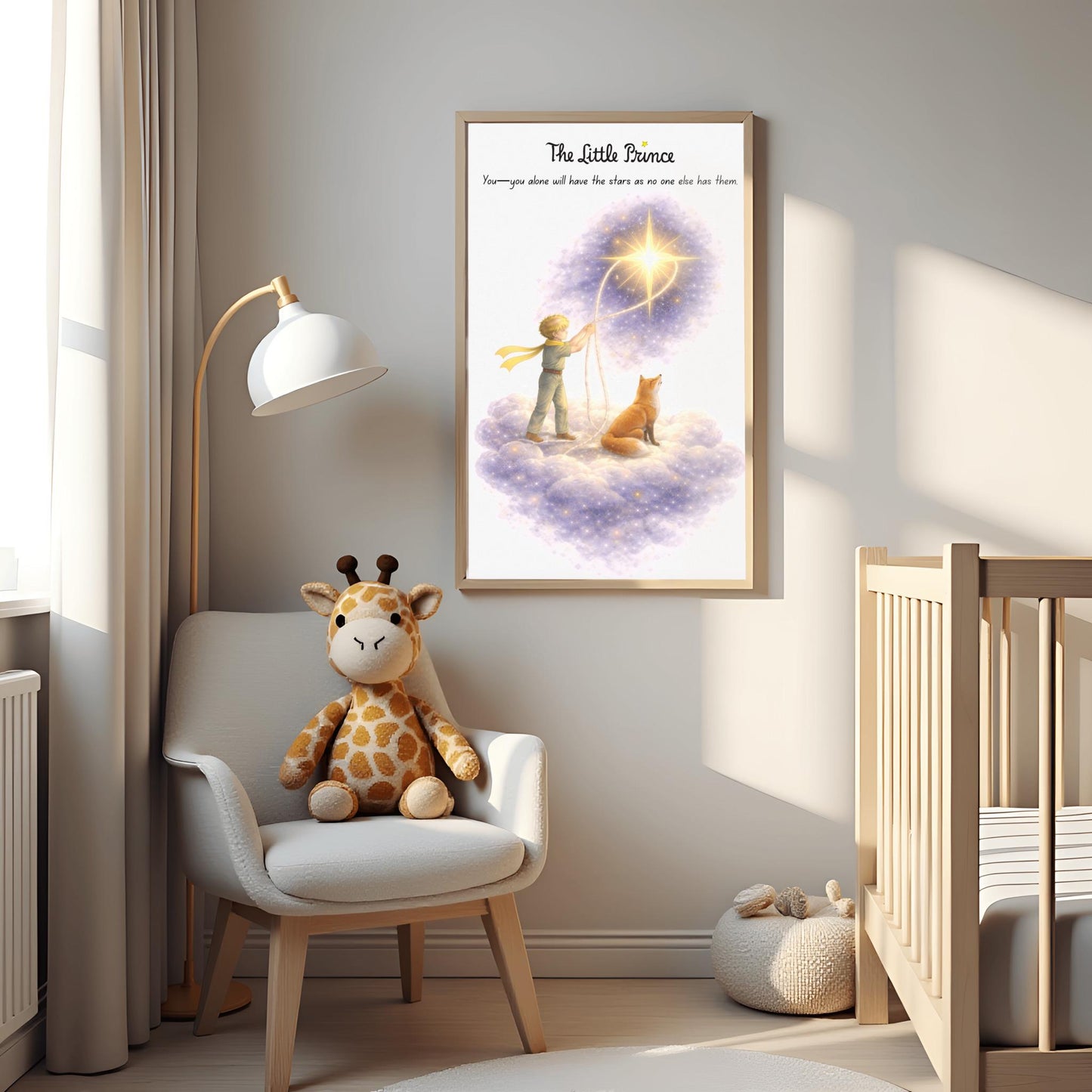 A vertical illustration poster titled "The Little Prince" in black script. A young boy with golden hair is standing on a soft, glowing lavender cloud next to a seated orange fox. The boy is holding a white rope that is looped around a large, bright yellow star. The star is surrounded by a sparkling purple nebula. Above the boy is the quote: "You—you alone will have the stars as no one else has them." The background is clean white.