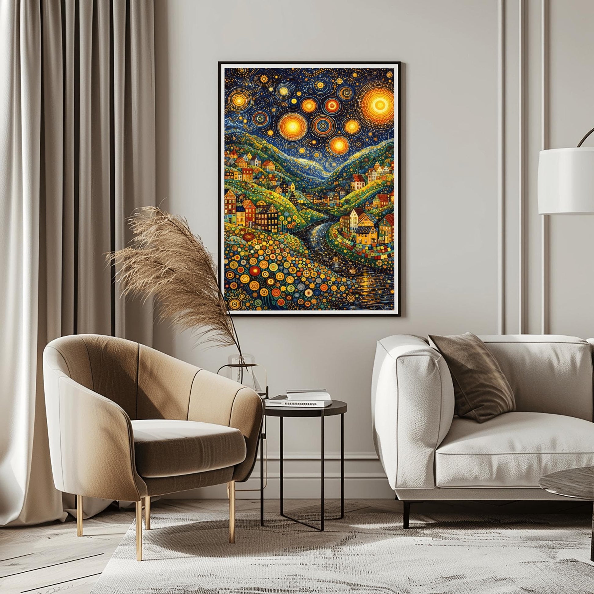 A vertical art print depicting a vibrant, stylized valley at night. The sky is filled with massive, glowing yellow stars with concentric circle patterns and golden swirls. Below, colorful houses with geometric details are built into hills made of green and yellow dots. A dark river winds through the center. The foreground is filled with multi-colored circular flower patterns. The overall style is a mix of mosaic textures and swirling post-impressionist brushwork.
