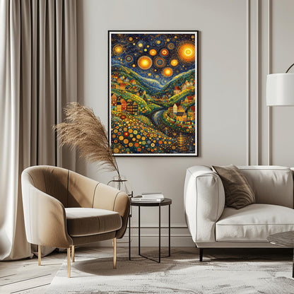 A vertical art print depicting a vibrant, stylized valley at night. The sky is filled with massive, glowing yellow stars with concentric circle patterns and golden swirls. Below, colorful houses with geometric details are built into hills made of green and yellow dots. A dark river winds through the center. The foreground is filled with multi-colored circular flower patterns. The overall style is a mix of mosaic textures and swirling post-impressionist brushwork.