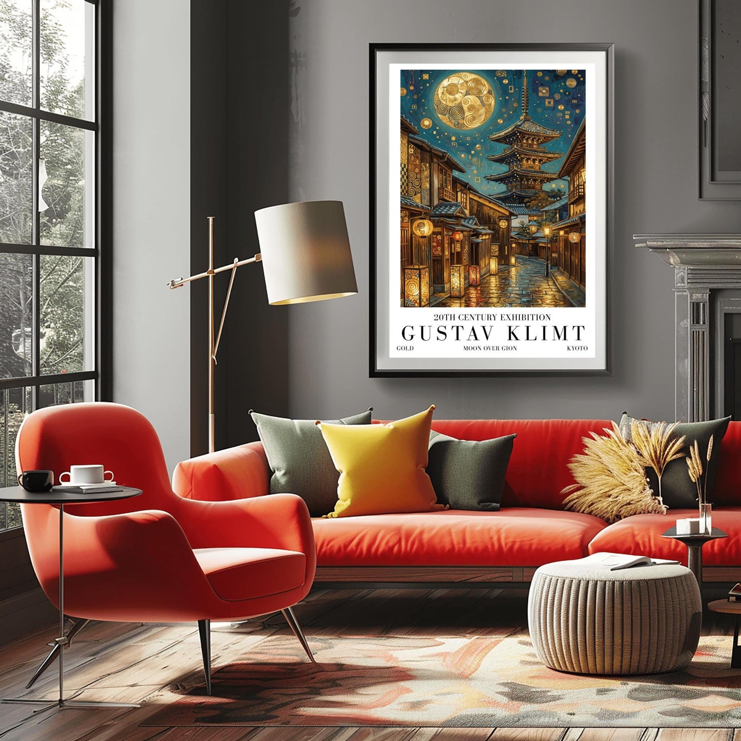 A vertical museum exhibition poster in the style of Gustav Klimt. A historic Japanese street in Gion, Kyoto, features a five-story pagoda and glowing lanterns at night. A massive golden moon with mosaic patterns fills the top of the sky. Bold black text at the bottom reads "GUSTAV KLIMT" and "MOON OVER GION."