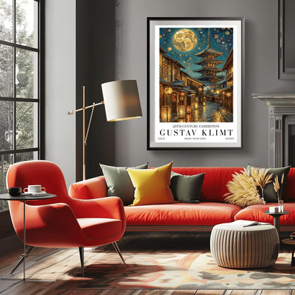 A vertical museum exhibition poster in the style of Gustav Klimt. A historic Japanese street in Gion, Kyoto, features a five-story pagoda and glowing lanterns at night. A massive golden moon with mosaic patterns fills the top of the sky. Bold black text at the bottom reads "GUSTAV KLIMT" and "MOON OVER GION."